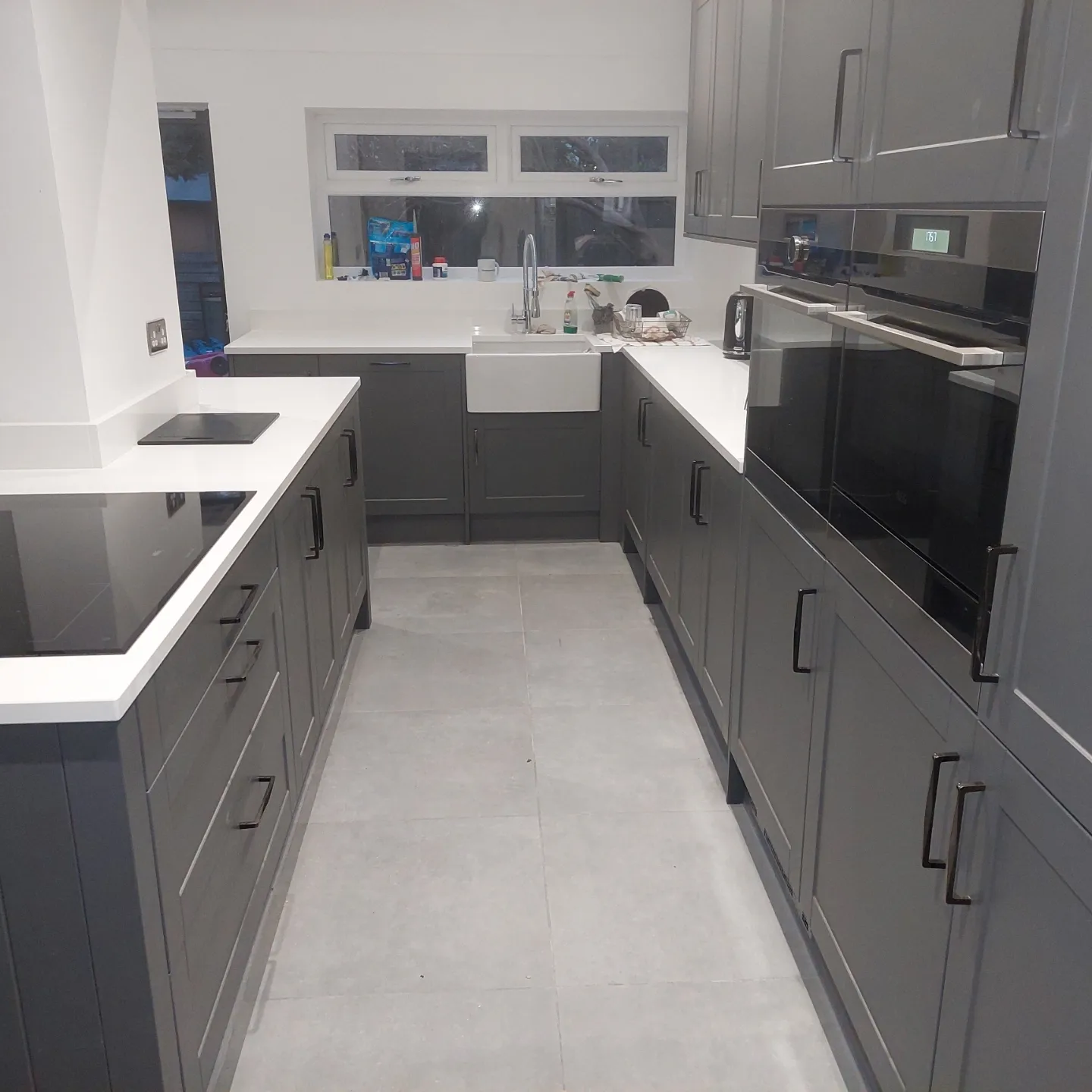 Sleek dark grey modern kitchen overview